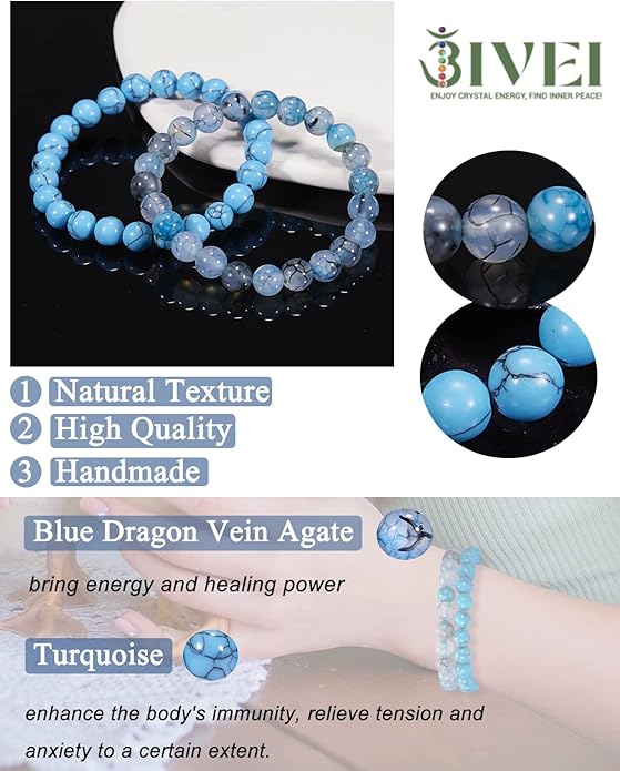 Bivei Natural Gemstone Semi Precious Healing Crystals Handmade Stretchy Round Beads Bracelet,Stocking Stuffers for Women Enhance Positive Energy