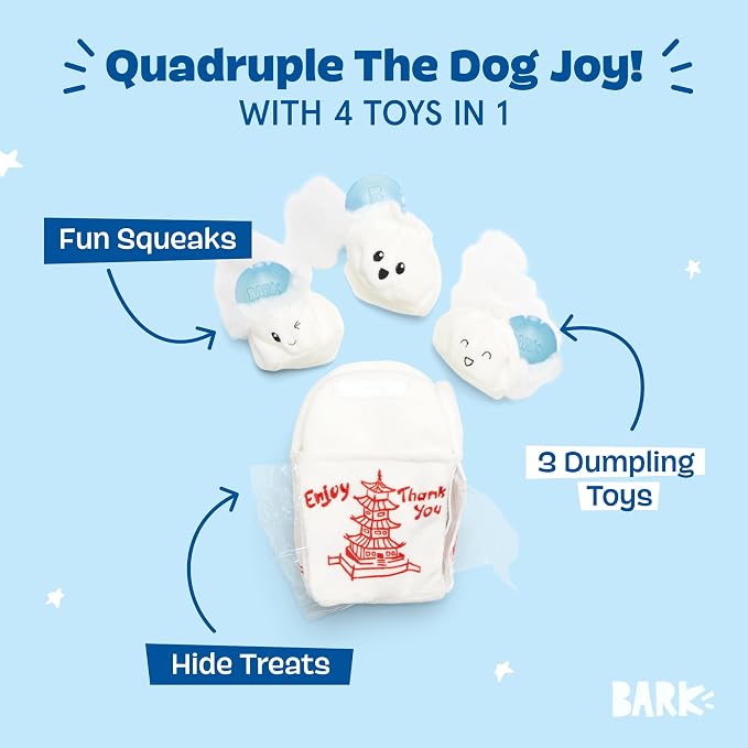 BarkBox Andi's Dumplings 4-in-1 Interactive Plush Dog Toy | Squeaky Dog Chew Toy with Ball Inside and Crinkle Layers - For Small Dogs and Puppies