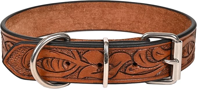 TARICO Adjustable Leather Dog Collar for All Breeds, Heavy Duty Non Padded Pet Collar with Engraved Design Durable Metal Buckle - Tan (XL: Fits 19–23" Necks)