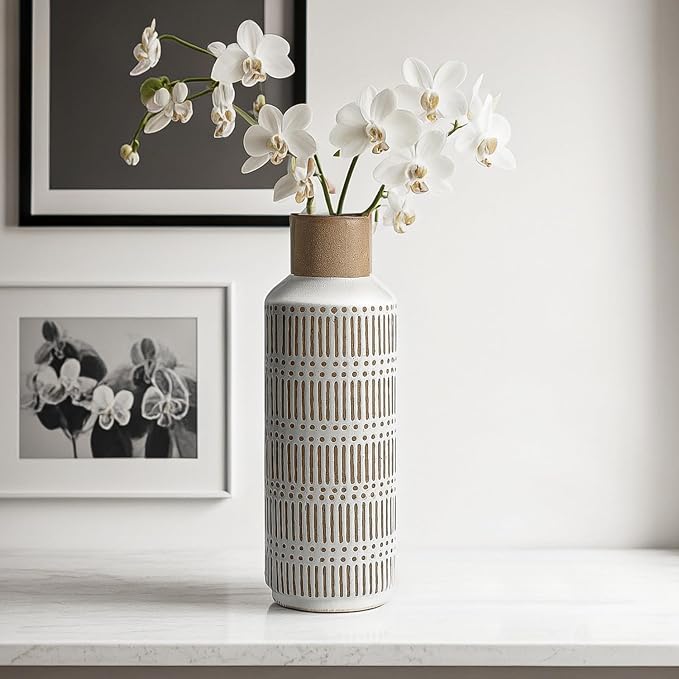 Rustic Ceramic Vase for Living Room Bedroom 11.02'' Farmhouse White Flower Vases for Bouquet Fake Plant Home Decor Office Table Shelf Fireplace Centerpieces Retro Vintage Classic Modern