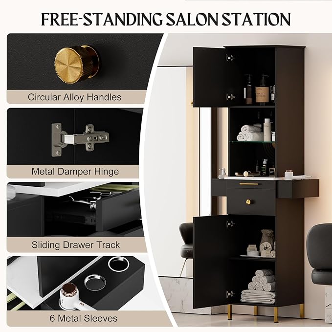Paddie Barber Station Hair Salon Station, Salon Stations for Hair Stylist, Beauty Salon Spa Equipment w/Glass Shelf, 2 Storage Cabinet & Drawers, 6 Hair Dryer Holders for Hair Styling（Black）