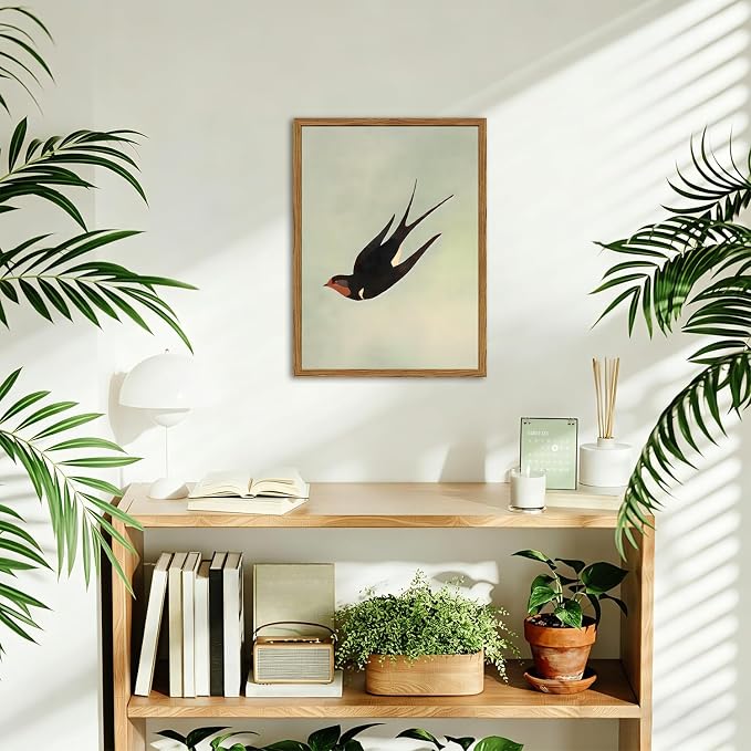 Framed Vintage Bird Wall Art, Sage Green Flying Swallow Pictures Wall Decor, Minimalist Japandi Nature Paintings Canvas Prints Modern Home Decor for Living Room Bedroom Bathroom Office 12x16 Inch