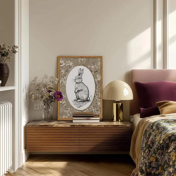 Framed Vintage Rabbit Wall Art, Cute Easter Bunny Pictures Wall Decor, Rustic Farmhouse Animal Paintings Canvas Prints Cottagecore Home Decor for Nursery Living Room Bedroom 12x16 inch