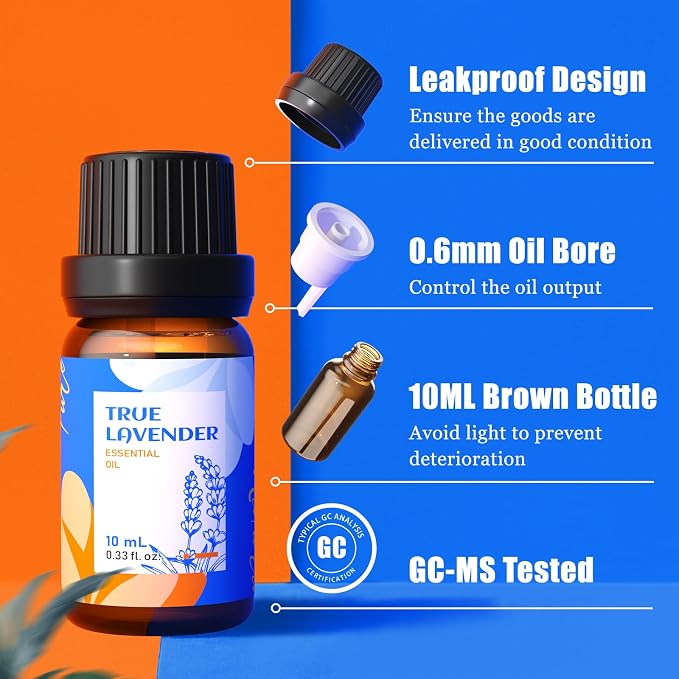 HIQILI Essential Oils for Diffusers for Home, Top 6 Gift Essential Oil Set | Include Lavender, Orange, Peppermint, Tea Tree, Eucalyptus, Lemongrass, Beginner Kit (10ML*6)
