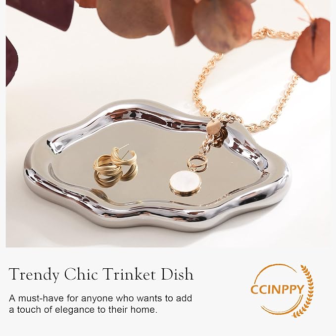CCINPPY Ceramic Cloud Jewelry Tray Trinket Dish Key Bowl Nightstand Decor | Decorative Small Desk Tray Jewelry Plate Key Holder Bowl Cute Bedroom Room Decor Aesthetic, Gift for Women, Silver Large