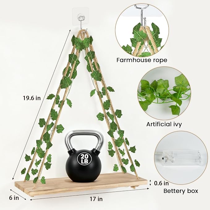 RICHER HOUSE Hanging Floating Shelves No Drill, Macrame Plant Wall Shelf | 2 Set Boho Trinket Shelf with Artificial Ivy and LED Lights, Wall Art Aesthetic Decor, for Bedroom, Dorm, Two-Way Install