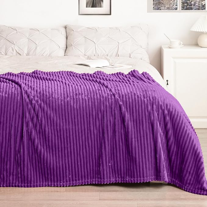 Vessia Flannel Fleece Twin Blanket for Couch,Sofa,Bed, 300GSM Striped 60x80inch Purple Blanket for Adults and Kids, Super Soft Warm Cozy Lightweight Ribbed Throw for All-Season