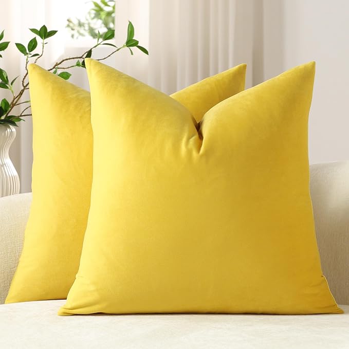 Throw Pillow Covers 22x22 Yellow: Pack of 2 Cozy Soft Velvet Square Modern Luxury Decorative Throw Pillow Cases for Sofa Couch Living Room Bed Home Decor