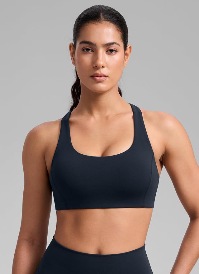 CRZ YOGA SculptAir Wide Straps Cross Back Sports Bras for Women - U Neck Medium Impact Wireless Padded Workout Top