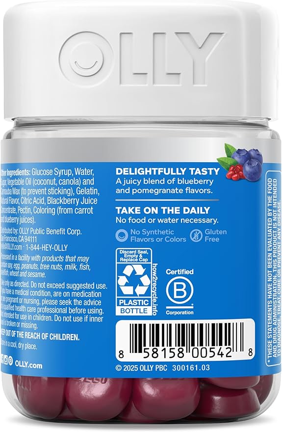 OLLY Glowing Skin Gummy, Hydrated & Youthful Skin,* Hyaluronic Acid, Collagen Peptides, Sea Buckthorn, Plump Berry Flavor, 25 Day Supply - 50 Count