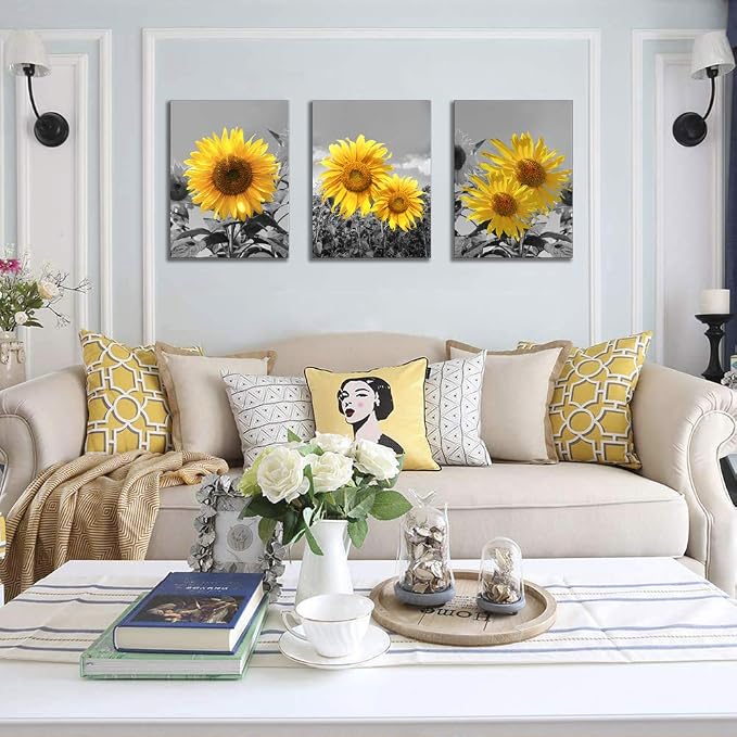 USIXA Sunflower Wall Art for Living Room Black White Flowers Wall Decor Yellow Floral Canvas Prints Painting Wood Frame with Hook Decorative Botanical Blossom Picture Artwork in 3 Panels 12×16 Inches