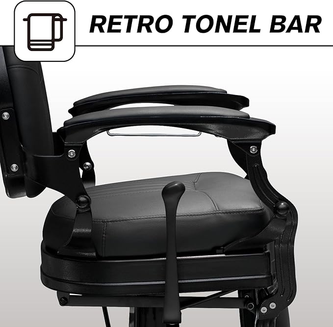 MYS Visionary 8829 Barber Chair, Hydraulic Salon Chair, Professional Hairdressing, Vintage Design, Stainless Leather, Black/Silver, 360° Rotation (Black)