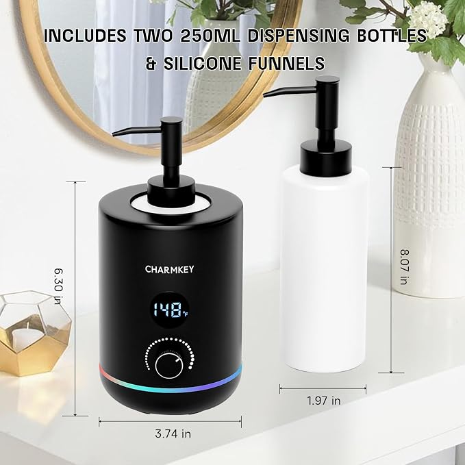 CHARMKEY Massage Oil Warmer Black, 2 Oil Bottle Dispensers & 2 Silicone Funnels, Digital Heater for SPA, Oil Lotion Cream for Salon, Barber Shops, Home, Automatic Lotion Warmer
