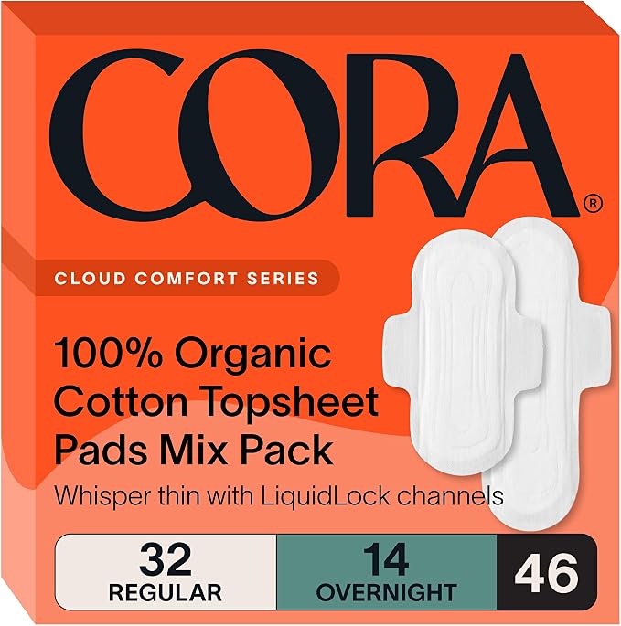 Cora 100% Organic Cotton Topsheet Pads Multipack (32 Regular, 14 Overnight Pads)