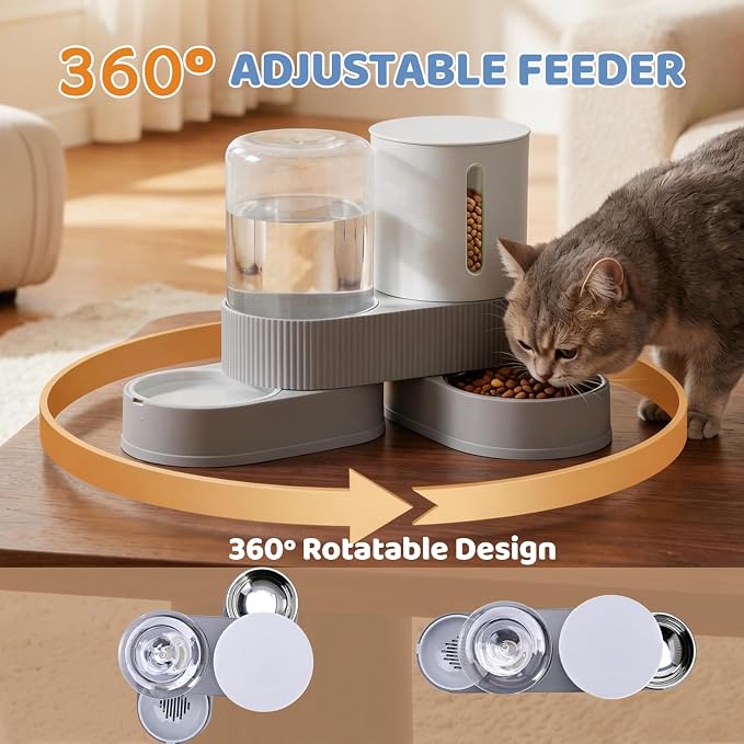 Gravity Cat Feeder 2 Pack Automatic Food Feeder and Water Dispenser Set Detachable Pet Bowl with Silicone Mat for Cats Small Medium Dogs, Large Capacity(Grey)