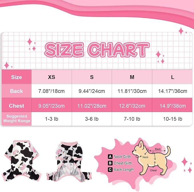 DaFuEn Dog Pajamas for Small Dogs, Soft Stretchy 4 Legs Puppy Jumpsuit, All Season Cozy Pet PJs for Chihuahua Yorkie Teacup Dogs, Cat Clothes (Pink Cow, L)