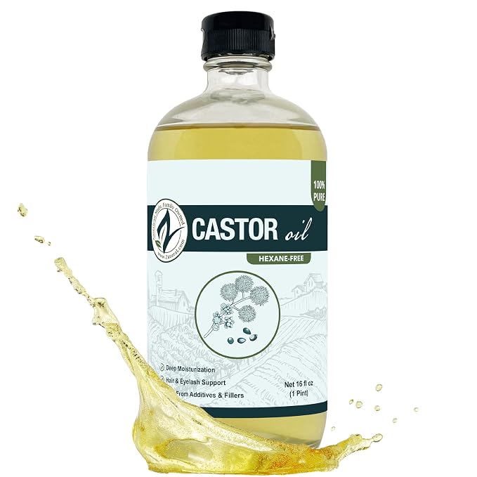 Zatural Castor Oil Naturally Grown 100% Pure Cold Pressed Castor Oil Hexane Free Hair Growth Eylash Serum and Eybrows or Body Wraps and Detox (Glass 16oz)