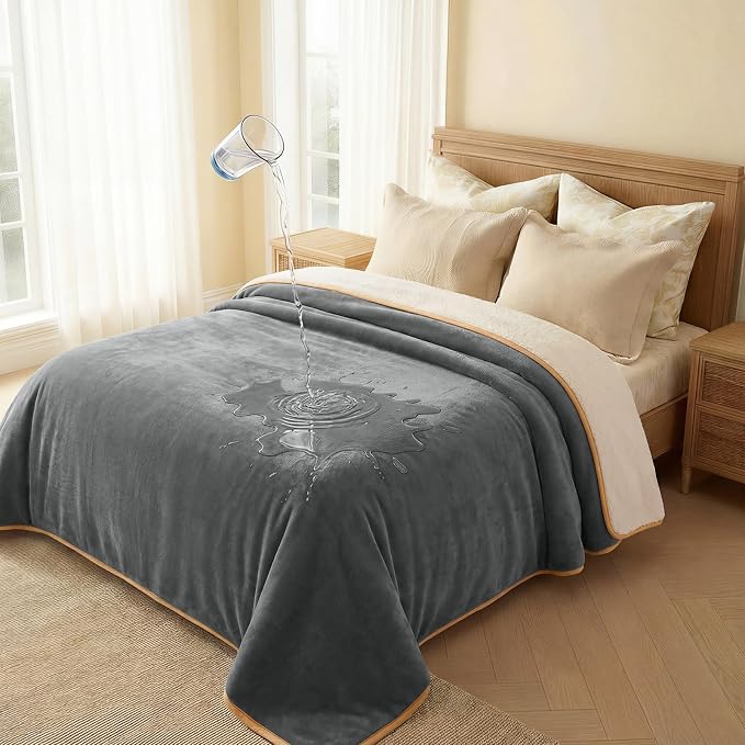 Luciphia Waterproof Pet Blanket, Washable Reversible Sherpa Fleece Throw | Liquid-proof furniture protector for bed and couch, soft reversible sherpa fleece for dogs, cats grey, XL