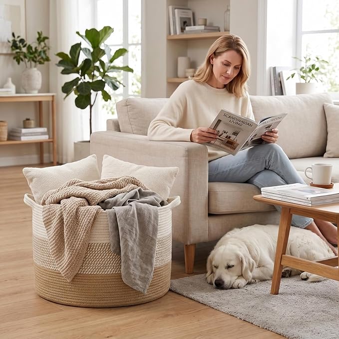 90L Large Blanket Basket,Rope Woven Laundry Basket-Yellow | Collapsible, reinforced handles, nursery storage bin organizes clothes, toys and pillows for living room, bedroom bathroom