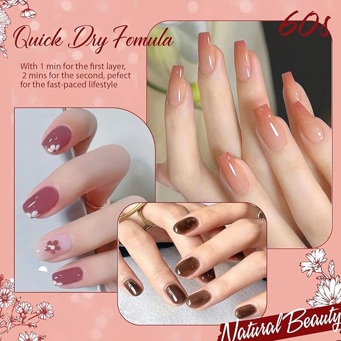 AZUREBEAUTY Jelly Nail Polish 4 Colors Sheer Red Quick Dry Nail Polish Set Natural Brown Purple Nail Polish Kit with Top Coat Transparent Long Lasting Nail Art Gift Women