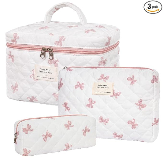 honitty Makeup Bag,Quilted Cosmetic Bag,Large Floral Make Up Bag for Women,Cotton Makeup Bag Set,Flower Travel Toiletry Bag