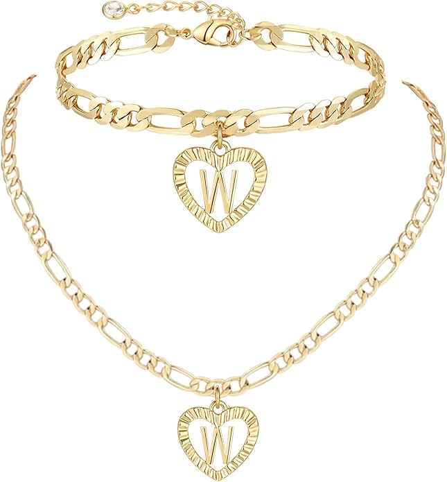 YANODA Gold Initial Pendant Necklace Anklet Bracelet for Women 14K Gold Plated Figaro Chain Letter Initial Heart Necklace Anklets Alphabet Foot Jewelry Personalized Jewelry for Women