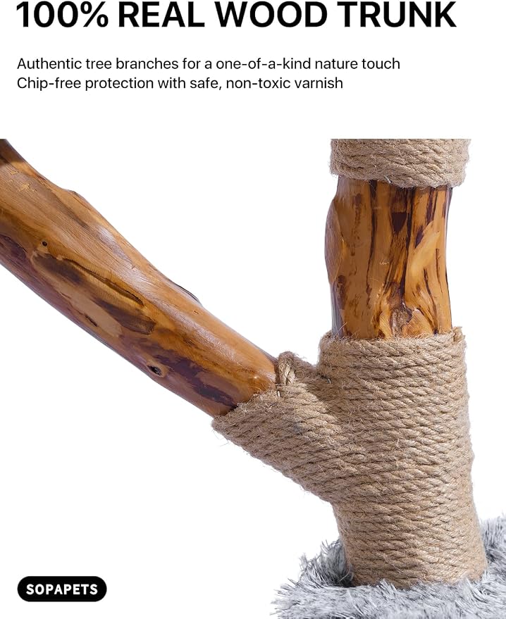 Sopapets Solid Wood Cat Tree with Hand-Woven Basket, 41.3" Natural Wood Cat Tower with Real Branch, Modern Boho Cat Furniture for Indoor Cats & Large Cats, Sisal Scratching Posts, Gray
