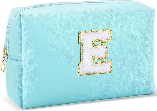 URSKYTOUS Gifts for Girls Initial Makeup Bag Personalized Cosmetic Bag with Zipper Cute Travel Toiletry Bag Waterproof PU Preppy Makeup Pouch Birthday Gift for Teen Girls Women(Blue E)
