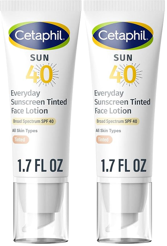 CETAPHIL Everyday Sunscreen Tinted Lotion for Face,1.7 fl oz,100% UVA/UVB Mineral Sunscreen: Titanium Dioxide & Zinc Oxide,SPF 40,For Sensitive Skin,(Pack of 2)