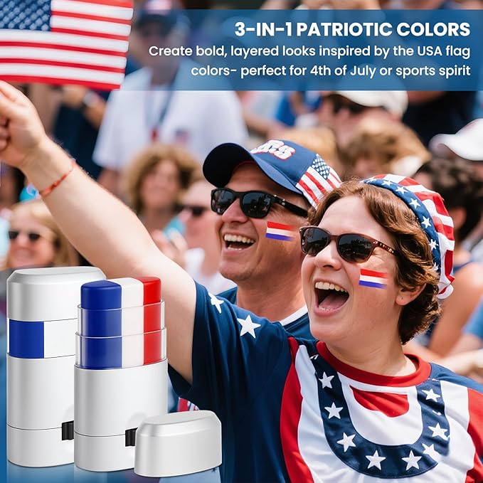 2PCS Red White and Blue Face Body Paint Sticks- Patriotic Pride 4th of July Accessories for Women, Eye-Black Stick Baseball Softball Sports Makeup, Fourth of July USA Accessories for Independence Day