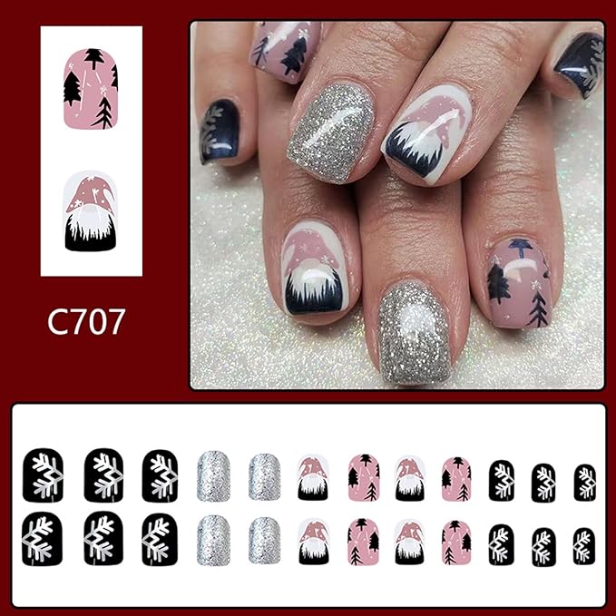 Christmas Gnome Press on Nails Funny Snowflake Christmas Tree False Nails Glossy Full Cover Xmas Glue on Nails Short Square Winter Acrylic Fake Nails for Women Girls