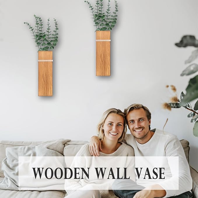 Wall Planters for Indoor Plants-2 Pack Wood Wall Vases for Dried Flowers & Artificial Plants Modern Farmhouse Wooden Vase for Living Room Bedroom Kitchen Decorations - Brown