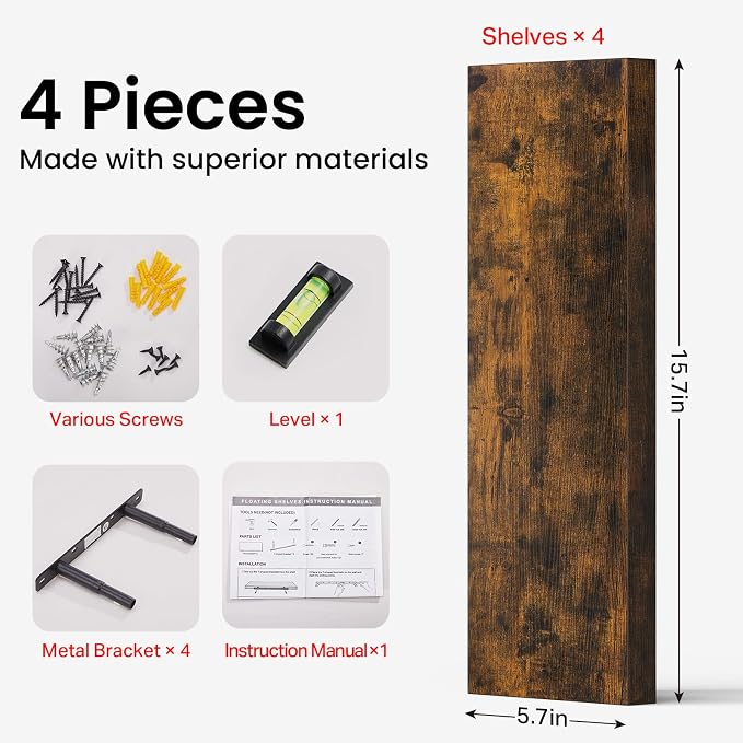 BAYKA Rustic Brown Floating Shelves 15.7in, Set of 4, Wall Mount Wood Shelf | Easy Install, 22lbs Max Load, Hidden Bracket, Hanging Shelf for Books Storage/Room Decor, Multi-Wall Compatible