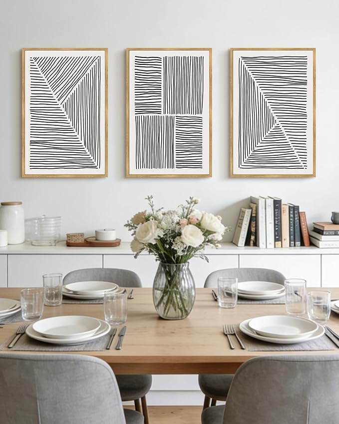 Drsoum Mid-Century Modern Framed Wall Art Large 16x24in Minimalist Abstract Boho Black Line Wall Decor Geometric Artwork Kitchen Dining Room Natural Framed