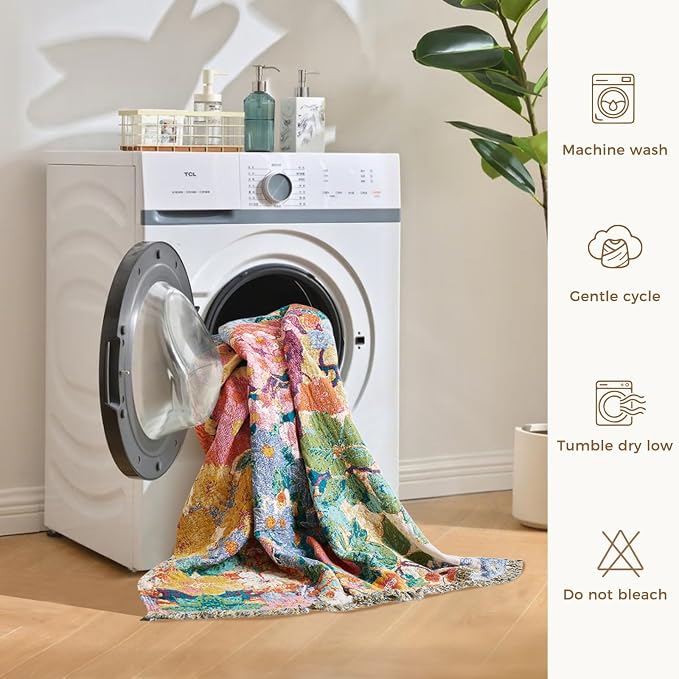 LUTBM Boho Throw Blanket for Bed 60"x80", All Season Cotton Couch Blankets | Reversible Watercolor Floral, Muslin Twin Quilt, For Chair Sofa Living Room, Lightweight & Breathable Gauze, Home Decor Gift