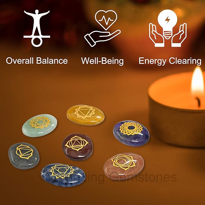 Amazing Gemstone 7 Chakra Oval Set Reiki Healing Crystal with Engraved Chakra OM Symbols Holistic Balancing Polished Palm Stones Set with Velvet Pouch