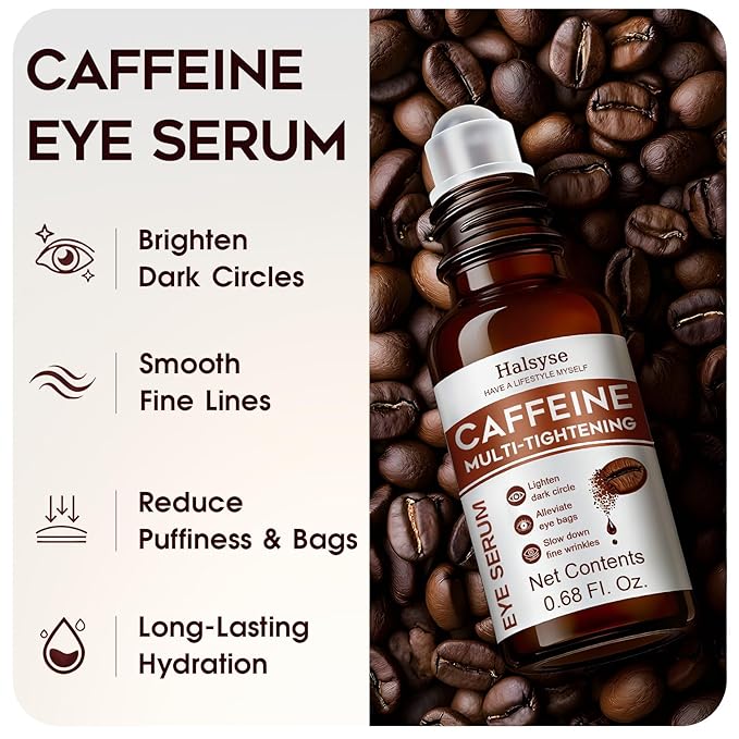 Caffeine Eye Serum with Cooling Roller – Helps Reduce Dark Circles, Puffiness & Fine Lines – Under Eye Treatment with Hyaluronic Acid & Collagen for Firmer, Brighter-Looking Eyes