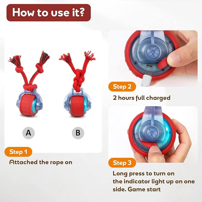 Dog Toys Interactive Rolling Ball with Rope, Motion-Activated