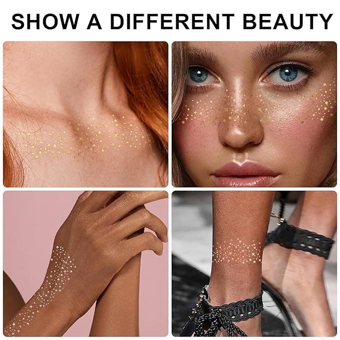 20PCS Glitter Freckles Face Tattoo, Sparkle Freckles for Women and Kids, Cute Star Waterproof Gold Temporary Tattoos Glow Up Makeup Patches (Gold)