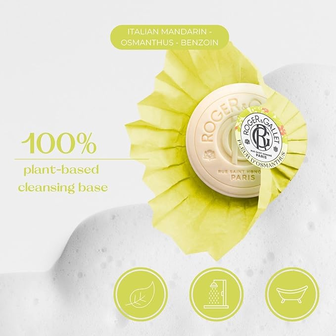 Roger & Gallet Fleur d'Osmanthus Beneficial Soap Bar - All Natural Round Soap Bars for Men & Women - with Italian Mandarin & Osmanthus - Bar Soap w/ Protective Silk Paper - Naturally Energizing - 100g
