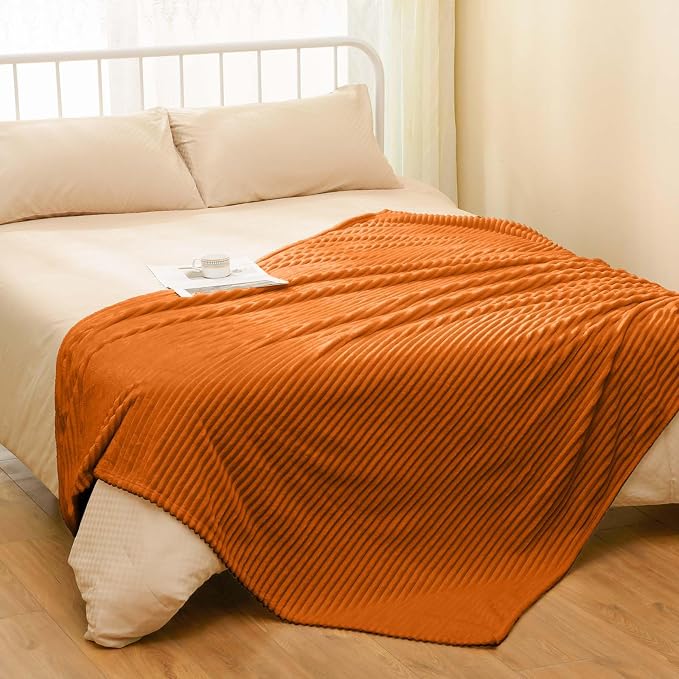 Vessia Flannel Fleece Twin Size Blanket for Bed,Couch,Sofa(60x80inch), 300GSM Microfiber Burnt Orange Striped Bed Blanket for Adults, Super Soft Warm Cozy Lightweight Ribbed Decor for All-Season