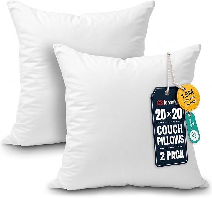 Foamily Couch Pillows Inserts 20x20 (Set of 2) Premium Decorative Pillows for Couch, Bed & Living Room, Soft Fluffy Throw Pillow Inserts for Home Décor