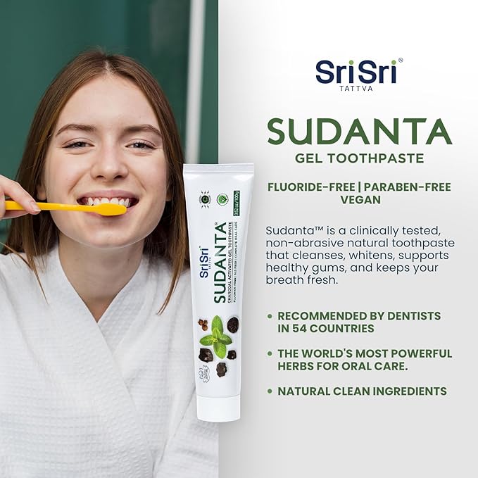 Sri Sri Tattva Sudanta Charcoal Toothpaste Gel – SLS, Fluoride Free Herbal Toothpaste with Neem & Ayurvedic Herbs – Natural Teeth Whitening, Fresh Breath, Oral & Gum Health – 100g Tube (Pack of 2)