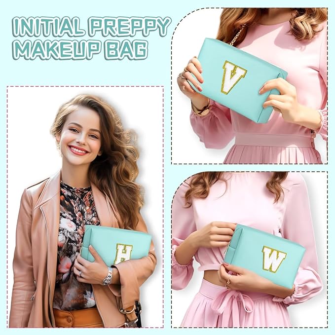 TOPEAST Initial Makeup Bags for Women, Personalized Portable Cosmetic Bag for Travel, Cute Makeup Pouch, PU Leather Waterproof Toiletry Bag, Preppy Things for Girl (Blue V)