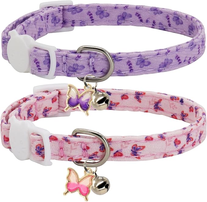 Cat Collars for Girl Cats & Boys, 2 Pack Soft Cotton Breakaway Collar with Removable Bell and Cute Charms, Adjustable Safety Pet Necklace, Butterfly