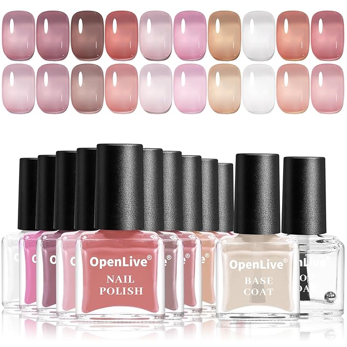 Jelly Nail Polish Set, 10 Color With 2Pcs Base and Top Coat Quick Dry High Gloss Shine Nail Polish Non Gel Translucent Milky White Nude Pink Color Holiday Gift Giving 5ML