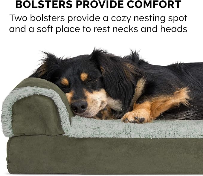 Furhaven Memory Foam Dog Bed for Medium/Small Dogs w/ Removable Bolsters & Washable Cover, For Dogs Up to 35 lbs - Two-Tone Plush Faux Fur & Suede L Shaped Chaise - Dark Sage, Medium