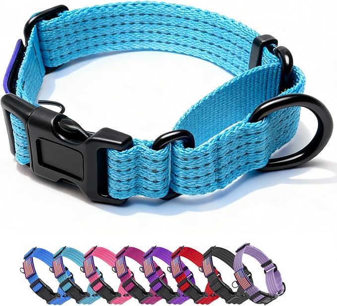 Martingale Dog Collar Reflective NO Pull with USA Flag, M,Sky Blue
