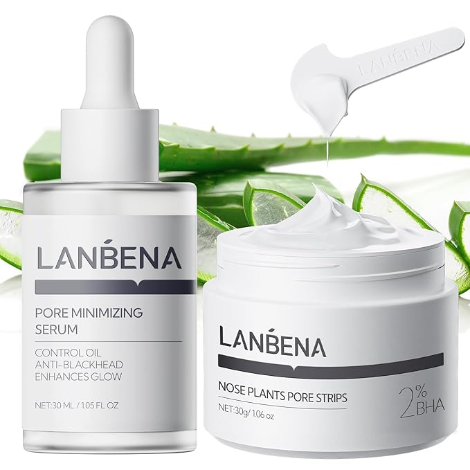 LANBENA 3 in 1 Blackhead Removing Set, Pore Strips 30g+Pore Serum 30ml+Removal Strip Paper, Black Head Remover Mask for Face