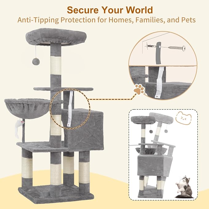 Heybly Cat Tree with Toy, 43.3 inch Cat Tower for Indoor Cats HCT004SW | Cat Condo with Durable Sisal Scratching Posts, Cat House with Padded Plush Perch, Cozy Hammock, Light Gray